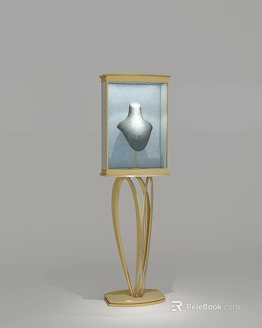 Boutique Golden Frame Display Case With Gray Mannequin And Transparent Glass 3d model 