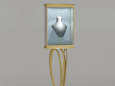 Boutique Golden Frame Display Case With Gray Mannequin And Transparent Glass 3d model
