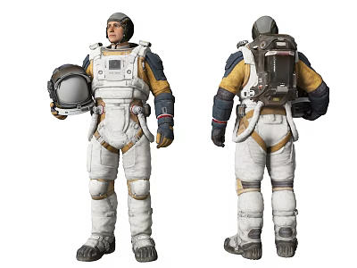Man in White and Yellow Astronaut Suit Holding Helmet Front and Back View 3d model