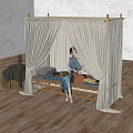 Single Bed with White Canopy Wooden Frame Traditional Attire Near Wooden Chest Lantern Green Cloth