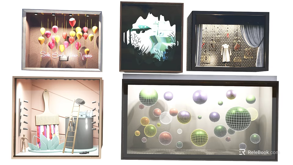 Artistic Window Display Design With Colorful Decorative Balls And Creative Elements 3d model