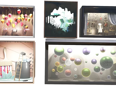 Artistic Window Display Design With Colorful Decorative Balls And Creative Elements 3d model