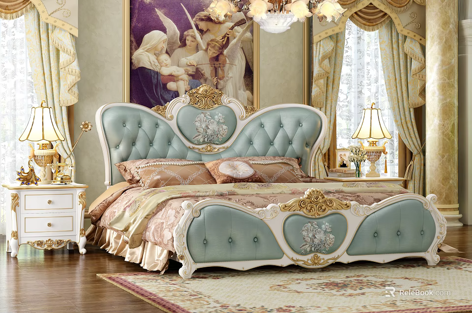 Luxurious Classic Double Bed With Blue Tufted Headboard Ornate Carvings Nightstands And Table Lamps 3d model 