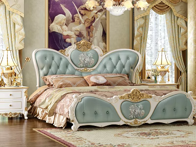 Luxurious Classic Double Bed With Blue Tufted Headboard Ornate Carvings Nightstands And Table Lamps 3d model