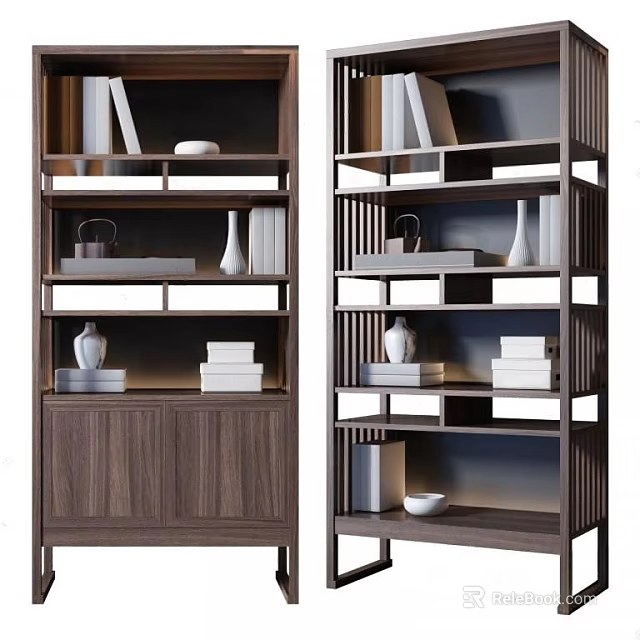 Modern Wooden Bookcase With Open Shelves Books Vases And Decorative Items 3d model 