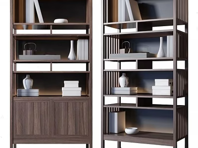 Modern Wooden Bookcase With Open Shelves Books Vases And Decorative Items 3d model