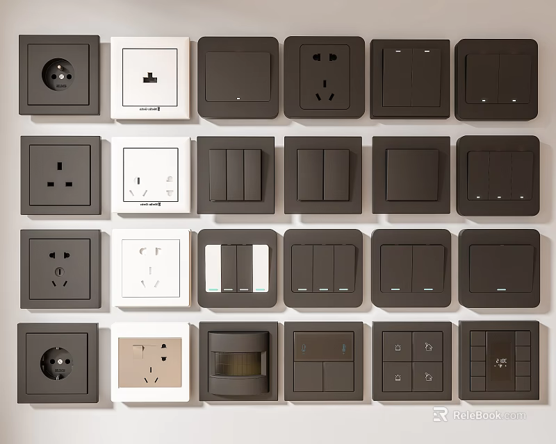 Modern Black And White Switch Panels With Various Design Styles And Sockets 3d model 