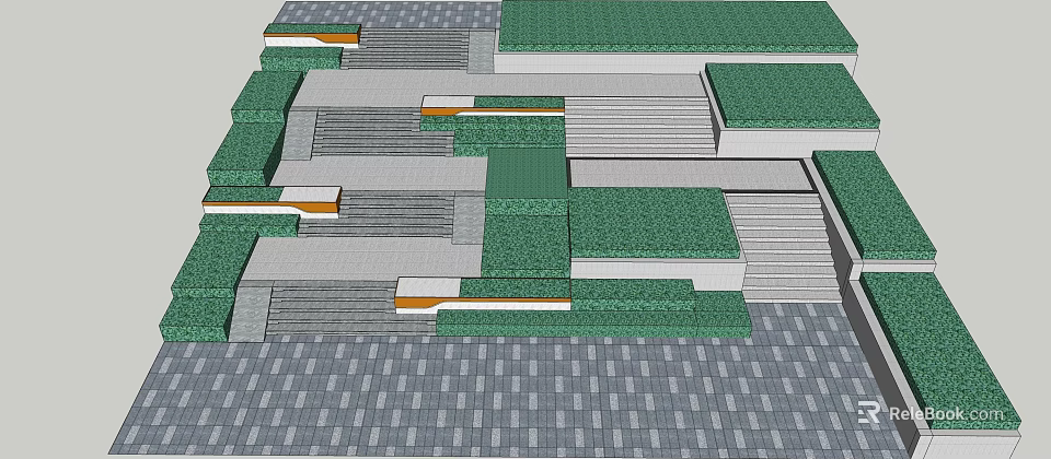 Outdoor Staircase Design With Multiple Grey Steps Green Areas And Paved Ground 3d model 