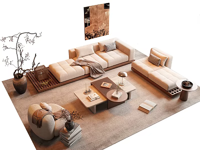 Modern Beige L-shaped Sofa Coffee Table Combination with Wooden Top Books Lamp and Cushions 3d model