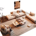 Modern Beige L-shaped Sofa Coffee Table Combination with Wooden Top Books Lamp and Cushions