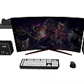 Gaming Computer Setup With Monitor Keyboard Mouse PC Tower Game Controller And Game Characters