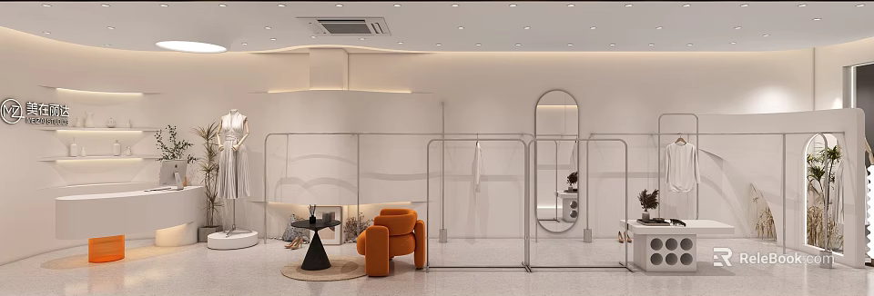 Modern Clothing Store Interior With Metal Racks Orange Armchair And Round Mirror 3d model 