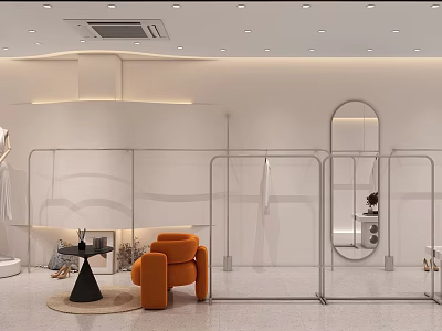 Modern Clothing Store Interior With Metal Racks Orange Armchair And Round Mirror 3d model