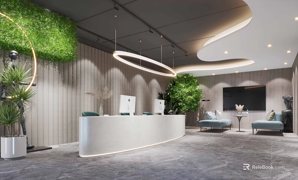 Modern Reception Area Design With Curved Desk Green Plants Soft Lighting And Lounge Seats 3d model 