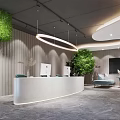 Modern Reception Area Design With Curved Desk Green Plants Soft Lighting And Lounge Seats