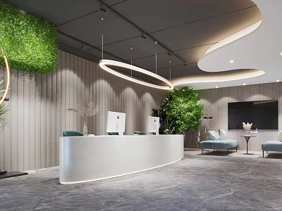 Modern Reception Area Design With Curved Desk Green Plants Soft Lighting And Lounge Seats 3d model