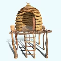 Traditional Beehive Shaped Thatched Hut With Wooden Supports And Climbing Ladder