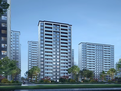 Modern High Rise Residential Buildings With Surrounding Trees Greenery And Lawn Under Clear Blue Sky 3d model