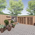 Courtyard Garden With Wooden Fence Flagstone Patio Trees And Potted Plants