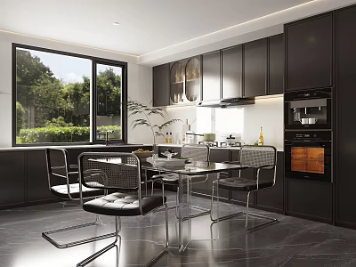 Modern Restaurant Interior Featuring Black Cabinets Dining Table Metal Chairs And Large Window 3d model