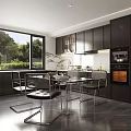 Modern Restaurant Interior Featuring Black Cabinets Dining Table Metal Chairs And Large Window 3d model