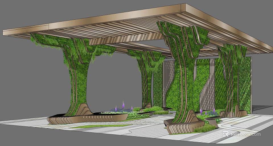 Contemporary Pergola With Wooden Latticed Roof Greenery Covered Columns Living Walls And Purple Flowers 3d model 