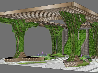 Contemporary Pergola With Wooden Latticed Roof Greenery Covered Columns Living Walls And Purple Flowers 3d model