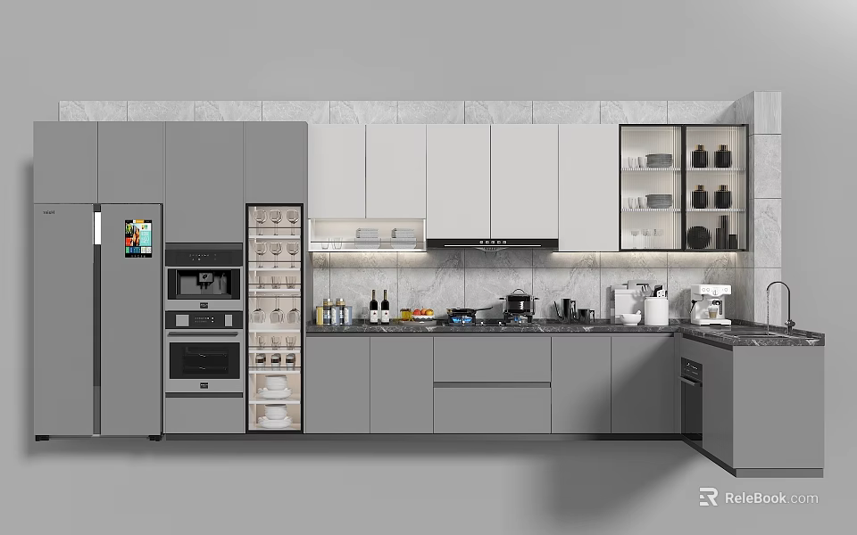 Modern Kitchen Interior With Gray And White Cabinets Oven Microwave And Appliances 3d model 