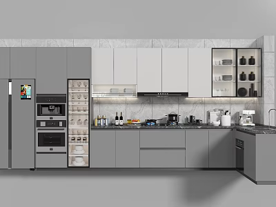 Modern Kitchen Interior With Gray And White Cabinets Oven Microwave And Appliances 3d model