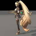 Game Movie Character With Blonde Twin Ponytails Brown White Outfit Short Skirt Mechanical Weapon Accessory