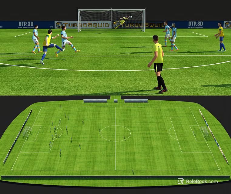 Football Field During Live Match With Players Referee CURB SQUAD DTP.29 Advertising Boards 3d model 