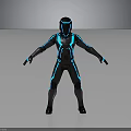 Futuristic Cybernetic Character In Sleek Black Suit With Neon Blue Glowing Lines