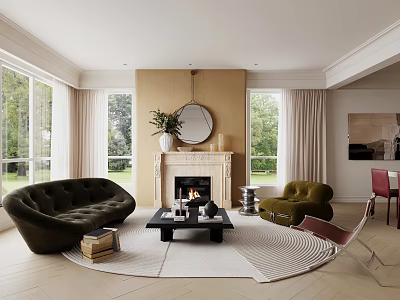 Modern Living Room With Large Windows Beige Walls Fireplace And Green Curved Sofa 3d model