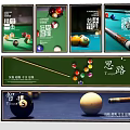 Stylish Wall Decor Design With Billiard Posters Balls Cue And Elements 3d model