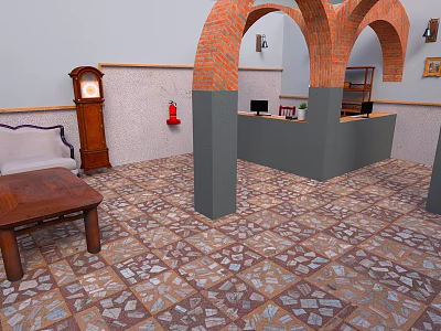 Wooden Dining Table In Interior With Arched Red Brick Columns And Patterned Tile Flooring 3d model