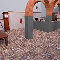 Wooden Dining Table In Interior With Arched Red Brick Columns And Patterned Tile Flooring 3d model