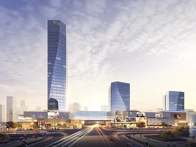 Modern Tall Office Towers With Glass Curtain Walls Urban Setting Traffic Roads And Blue Sky 3d model