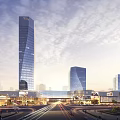 Modern Tall Office Towers With Glass Curtain Walls Urban Setting Traffic Roads And Blue Sky