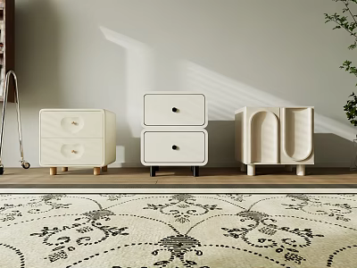 Modern Bedside Tables With Different Designs White Finish Wooden Legs Drawers And Decorative Rug 3d model