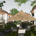 Tranquil Garden Landscape Featuring Thatched Pavilions White Curtains Bamboo Walkway Stone Path And Greenery
