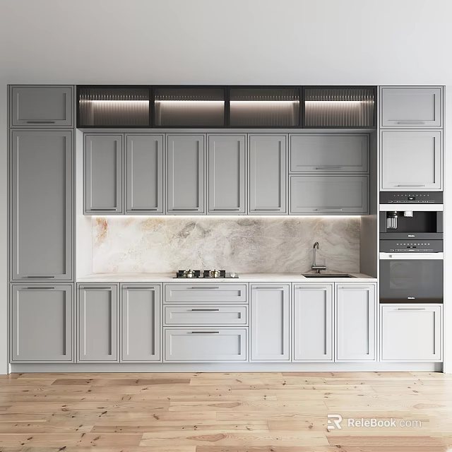 Modern Light Gray Kitchen Cabinets With Marble Countertop And Built In Appliances 3d model 
