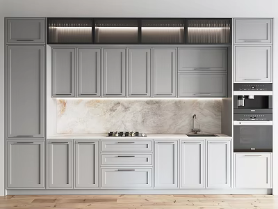 Modern Light Gray Kitchen Cabinets With Marble Countertop And Built In Appliances 3d model
