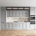 Modern Light Gray Kitchen Cabinets With Marble Countertop And Built In Appliances