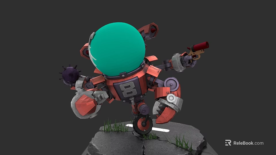 Green Spherical Head Robot Character With Red Mechanical Body On Cracked Rock And Grass 3d model 