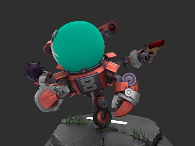 Green Spherical Head Robot Character With Red Mechanical Body On Cracked Rock And Grass 3d model