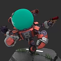 Green Spherical Head Robot Character With Red Mechanical Body On Cracked Rock And Grass