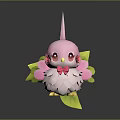 Cute Pink Bird Game Character With Big Eyes Petal Wings And Green Leaves