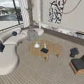 Curved White Sofa with Pillows Round Wooden Coffee Table and Rug in Modern Living Room