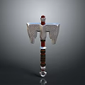 Ornate War Hammer Weapon With Red Silver Design Intricate Patterns And Crystal Base