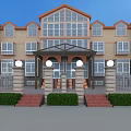 Glass Roof Canopy In Front of Building With Columns Steps and Greenery